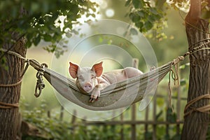 A happy pig naps in a hammock under a tree. Take a rest. Farm animals