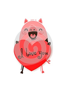 A happy pig with a valentine and message I love you. Vector illustration in cartoon style