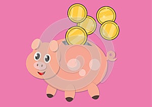 Happy piggy bank with golden coins rolling down isolated on pink background