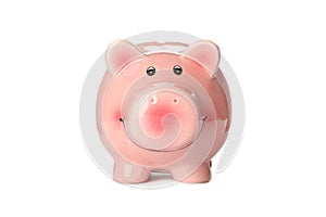 Happy piggy bank isolated on white background
