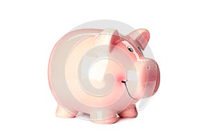 Happy piggy bank isolated on white background