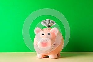 Happy piggy bank with one hundred dollar on color table against green background, space for text
