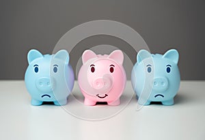 A happy piggy bank among sad ones. Save money in difficult economic conditions