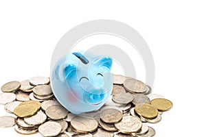 happy piggy bank with stack coins