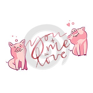 Happy pigs with love letters, presents for Valentine s day on white background.