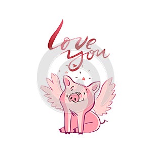 Happy pigs with love letters, presents for Valentine s day on white background.