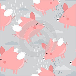 Happy pigs with wings, decorative cute background. Colorful seamless pattern with animals, clouds
