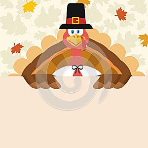 Happy Pilgrim Turkey Bird Cartoon Mascot Character Holding A Blank Sign