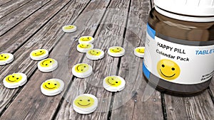 Happy pills, sad mood treatment for everyone, smiley tablets on a table