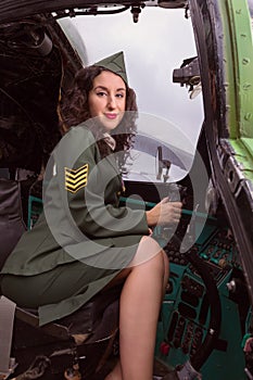 Happy pin-up model vintage helicopter