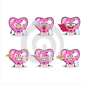 happy pink broken heart love waiter cartoon character holding a plate