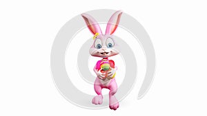 Happy pink Bunny with colorful eggs