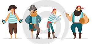 Happy pirates vector set. Four different characters: the captain of the ship, a young cabin boy and two big sailors