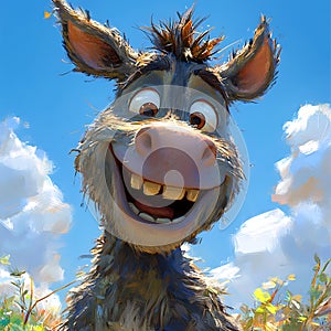 Happy and Playful CGI Donkey Smiling Brightly in a Blue Sky Environment. photo
