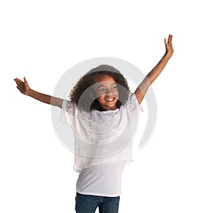 Happy playful child holding arms aloft