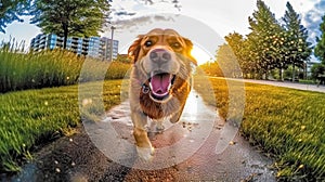 Happy playful dog having fun in the city park. Puppy playing shot on fisheye camera.