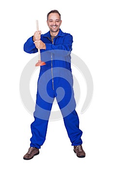 Happy Plumber Holding Plunger