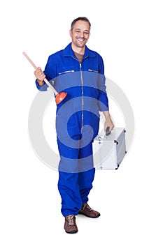 Happy Plumber Holding Plunger