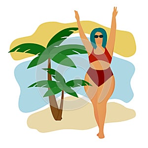 A happy plump girl in a red bathing suit by a palm tree. The body is positive. Love your body. Girls on the beach. Acceptance of