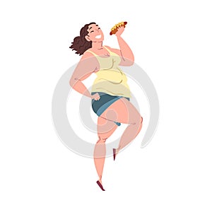 Happy Plump Woman Eating Hotdog, Smiling Plus Size Woman Enjoying of Fast Food Dish, Unhealthy Lifestyle, Body Positive