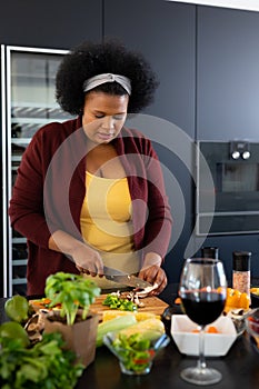 Happy plus size african american woman preparing dinner, chopping vegetables in kitchen