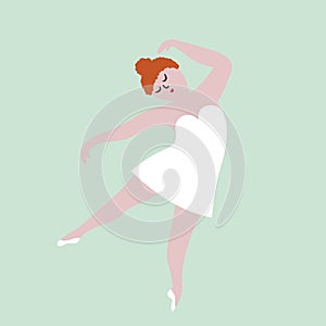 Happy plus size dancing girl. Body positive concept vector illustration.