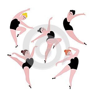 Happy plus size dancing girls set. Body positive concept vector illustration.