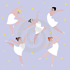 Happy plus size dancing girls set. Body positive concept vector illustration.