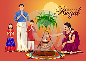 Happy Pongal celebration with sugarcane, Rangoli and pot of rice. Tamil family offering prayers. Indian cultural festival