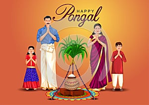 Happy Pongal celebration with sugarcane, Rangoli and pot of rice. Tamil family offering prayers. Indian cultural festival