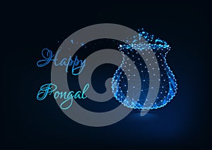 Happy Pongal greeting card with glow low poly pot with rice meal, text on dark blue background