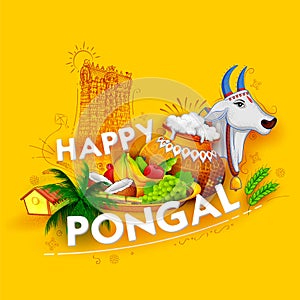 Happy Pongal Holiday Harvest Festival of Tamil Nadu South India greeting background