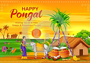 Happy Pongal Holiday Harvest Festival of Tamil Nadu South India greeting background