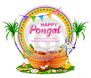 Happy Pongal Holiday Harvest Festival of Tamil Nadu South India greeting background