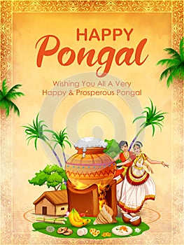 Happy Pongal Holiday Harvest Festival of Tamil Nadu South India greeting background