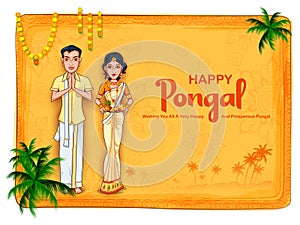 Happy Pongal Holiday Harvest Festival of Tamil Nadu South India greeting background