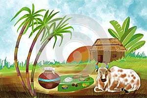 Happy pongal holiday harvest festival of tamil nadu south india greeting card design