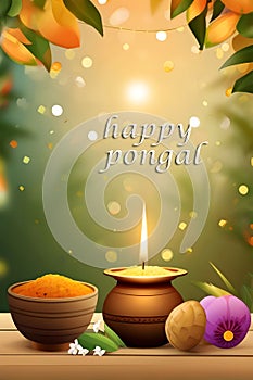 happy Pongal illustration with blur bokeh background