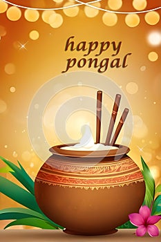 happy Pongal illustration with blur bokeh background