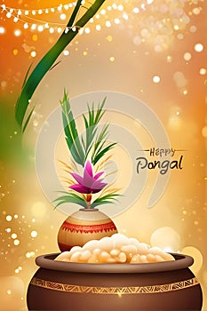 happy Pongal illustration with blur bokeh background