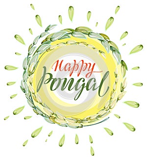 Happy Pongal lettering text. Harvest of rice and sun