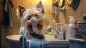 Happy pooch bath time, enjoys cleaning, wet fur.