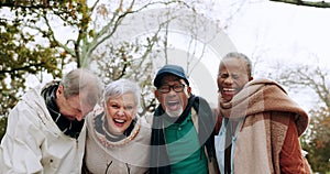 Happy, portrait and group of senior friends outdoor in a park together for bonding, celebration or happiness in