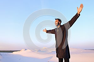 Happy portrait of male Arab, who smiles and rejoices in life, st