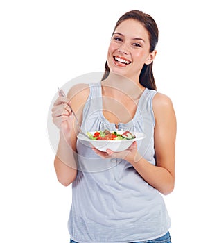 Happy portrait, studio and woman with salad for weight loss diet, vegan healthcare or vegetables in wellness lifestyle