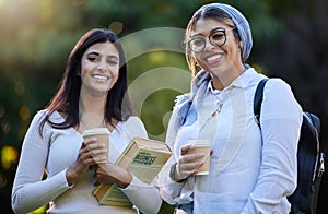 Happy, portrait or university friends in park on campus for learning, education or future goals together. Smile, Muslim