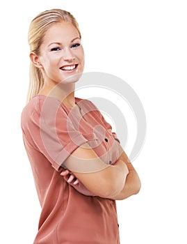 Happy, portrait and woman with crossed arms in studio with smile, natural and positive mindset. Happiness, young and