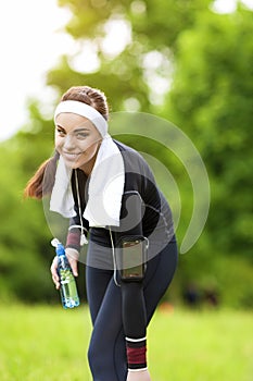 Happy Positive Caucasian Fit Woman Outdoors Making Training Exercise.