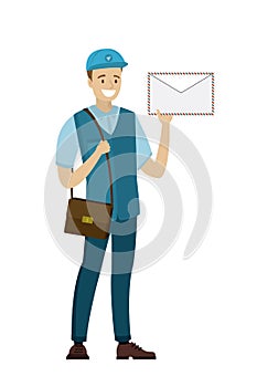 Happy postman in uniform. Caucasian mailman hold letter. Handsome courier with mailbag, isolated on white background