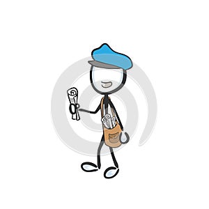 Happy postman. Vector simple post services newspaper delivery job. Stickman no face clipart cartoon. Hand drawn. Doodle sketch,